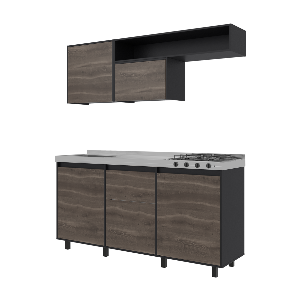 Cocina Quebec Wengue y Milan 180x180cm con Meson de Acero Inoxidable Izquierdo y con Estufa - COCINAS | Bylmo