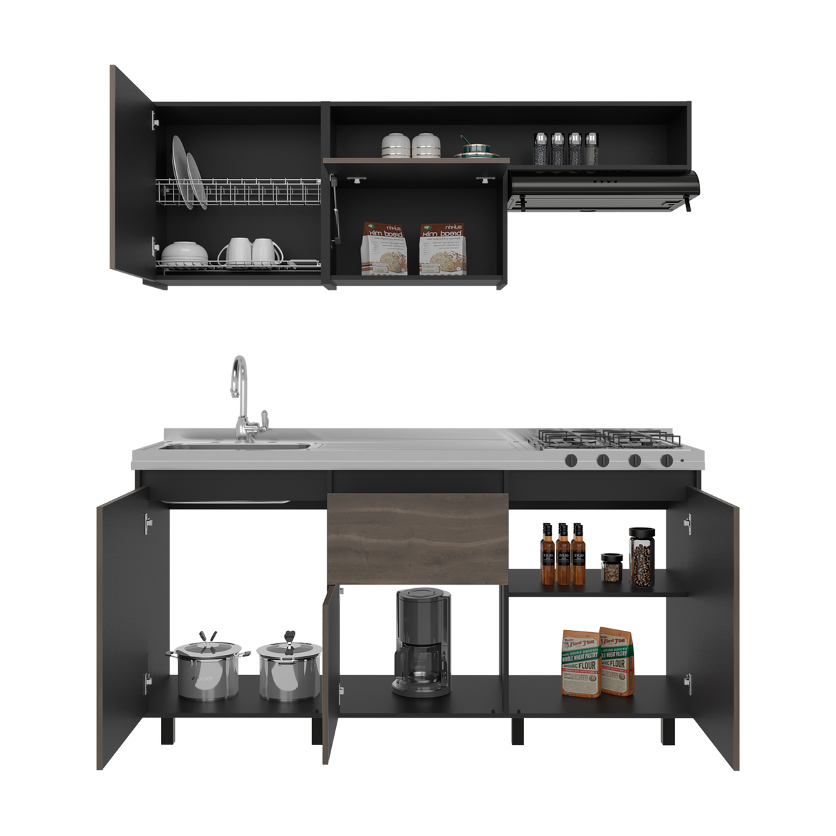 Cocina Quebec Wengue y Milan 180x180cm con Meson de Acero Inoxidable Izquierdo y con Estufa - COCINAS | Bylmo