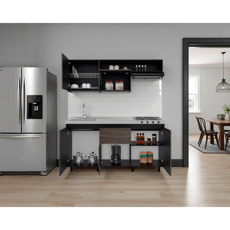 Cocina Quebec Wengue y Milan 180x180cm con Meson de Acero Inoxidable Izquierdo y con Estufa - COCINAS | Bylmo