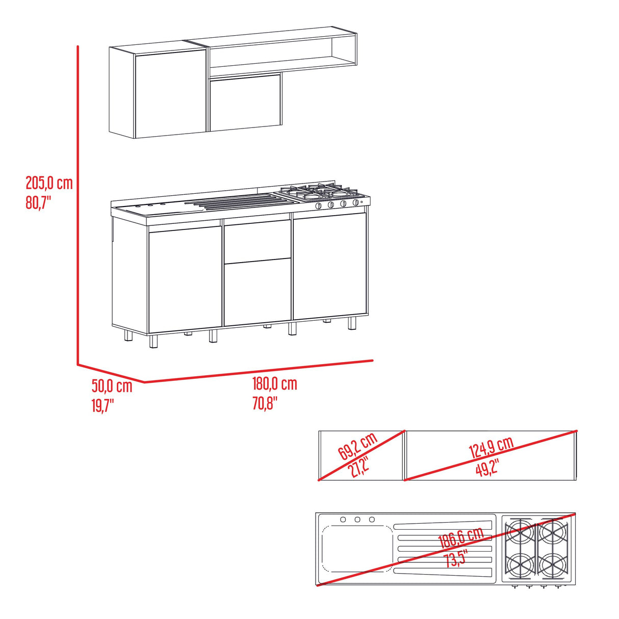 Cocina Quebec Wengue y Milan 180x180cm con Meson de Acero Inoxidable Izquierdo y con Estufa - COCINAS | Bylmo