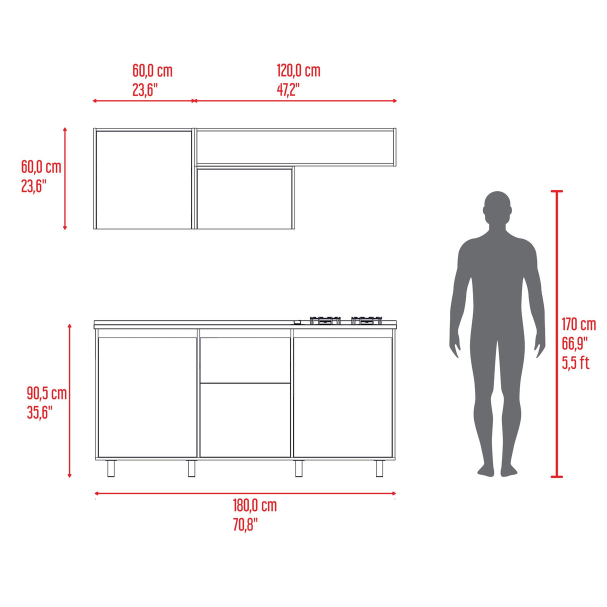 Cocina Quebec Wengue y Milan 180x180cm con Meson de Acero Inoxidable Izquierdo y con Estufa - COCINAS | Bylmo