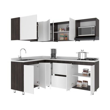 Cocina Esquinera Barnwell Blanco y Nogal 210x62cm sin Mesón y sin Estufa - COCINAS | Bylmo