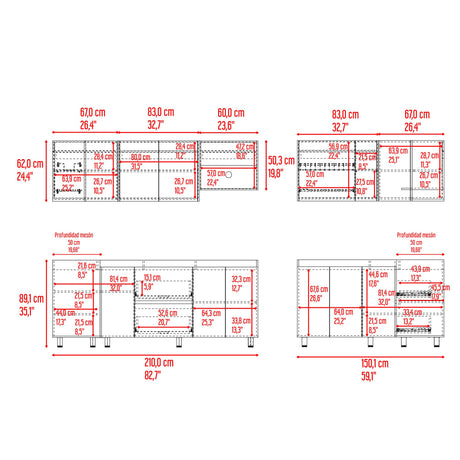 Cocina Esquinera Barnwell Blanco y Nogal 210x62cm sin Mesón y sin Estufa - COCINAS | Bylmo