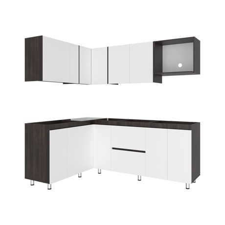 Cocina Esquinera Barnwell Blanco y Nogal 210x62cm sin Mesón y sin Estufa - COCINAS | Bylmo