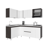 Cocina Esquinera Barnwell Blanco y Nogal 210x62cm sin Mesón y sin Estufa - COCINAS | Bylmo