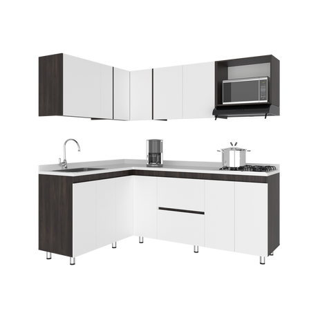 Cocina Esquinera Barnwell Blanco y Nogal 210x62cm sin Mesón y sin Estufa - COCINAS | Bylmo