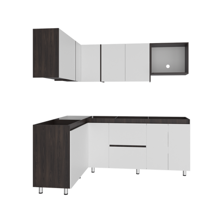 Cocina Esquinera Barnwell Blanco y Nogal 210x62cm sin Mesón y sin Estufa - COCINAS | Bylmo