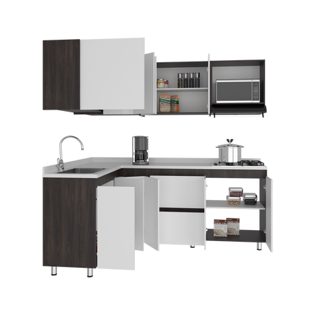 Cocina Esquinera Barnwell Blanco y Nogal 210x62cm sin Mesón y sin Estufa - COCINAS | Bylmo