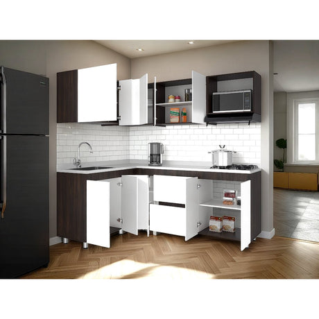 Cocina Esquinera Barnwell Blanco y Nogal 210x62cm sin Mesón y sin Estufa - COCINAS | Bylmo