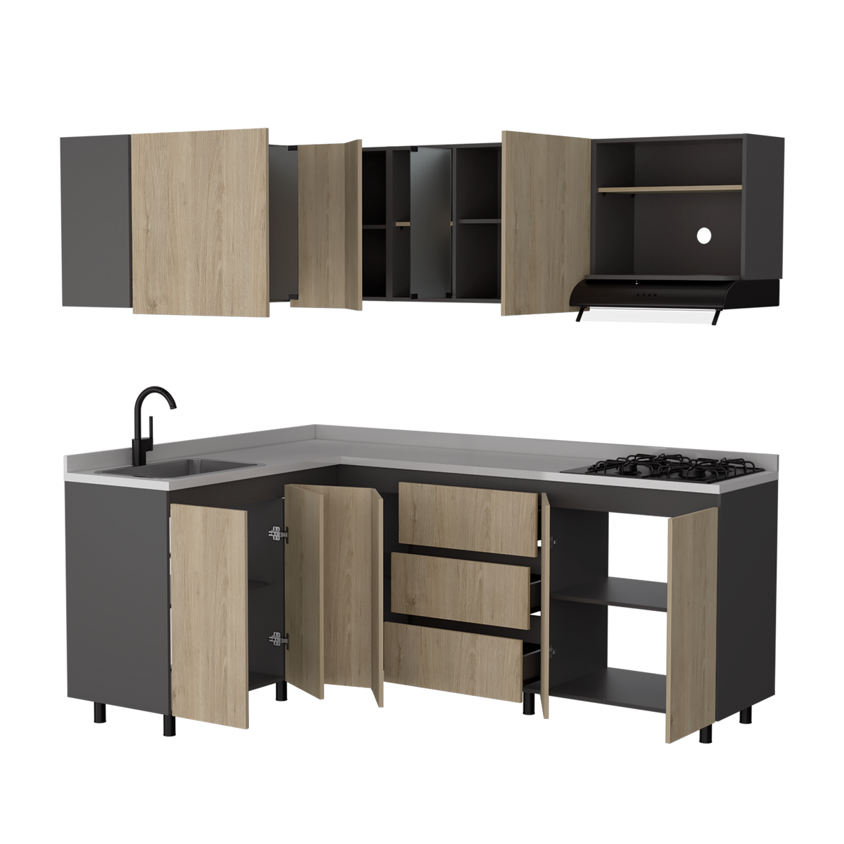 Cocina Esquinera Londres Plomo y Rovere 210.3x62cm sin Mesón y sin Estufa - COCINAS | Bylmo