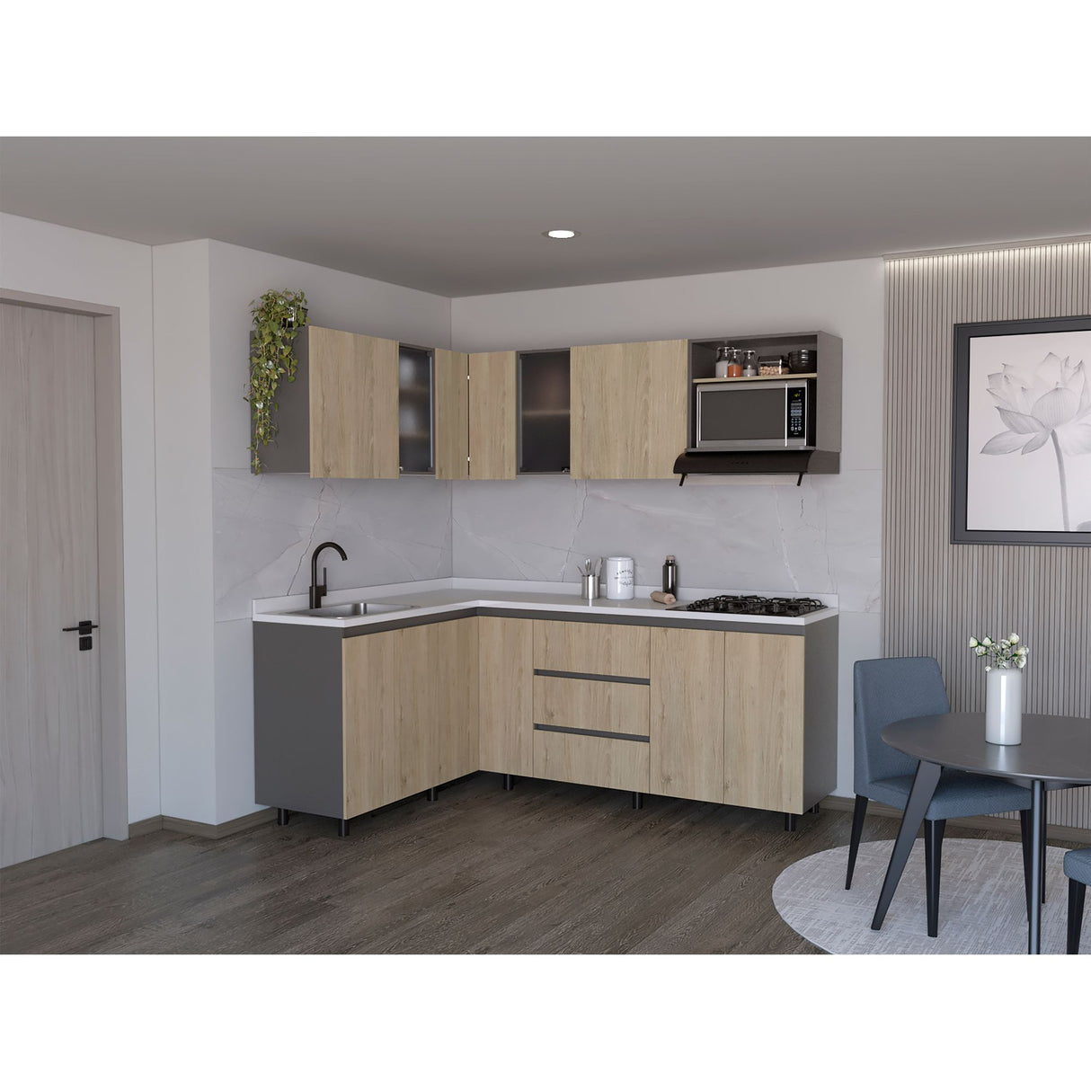 Cocina Esquinera Londres Plomo y Rovere 210.3x62cm sin Mesón y sin Estufa - COCINAS | Bylmo