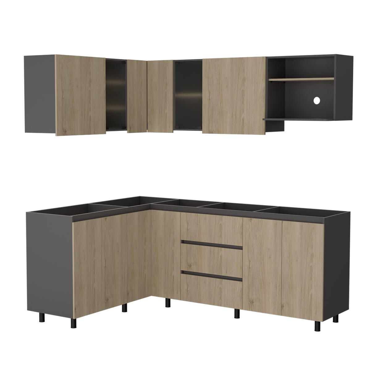 Cocina Esquinera Londres Plomo y Rovere 210.3x62cm sin Mesón y sin Estufa - COCINAS | Bylmo