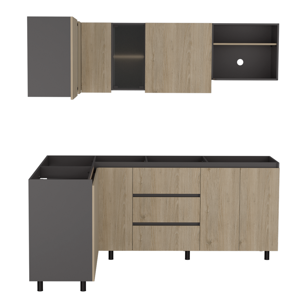 Cocina Esquinera Londres Plomo y Rovere 210.3x62cm sin Mesón y sin Estufa - COCINAS | Bylmo