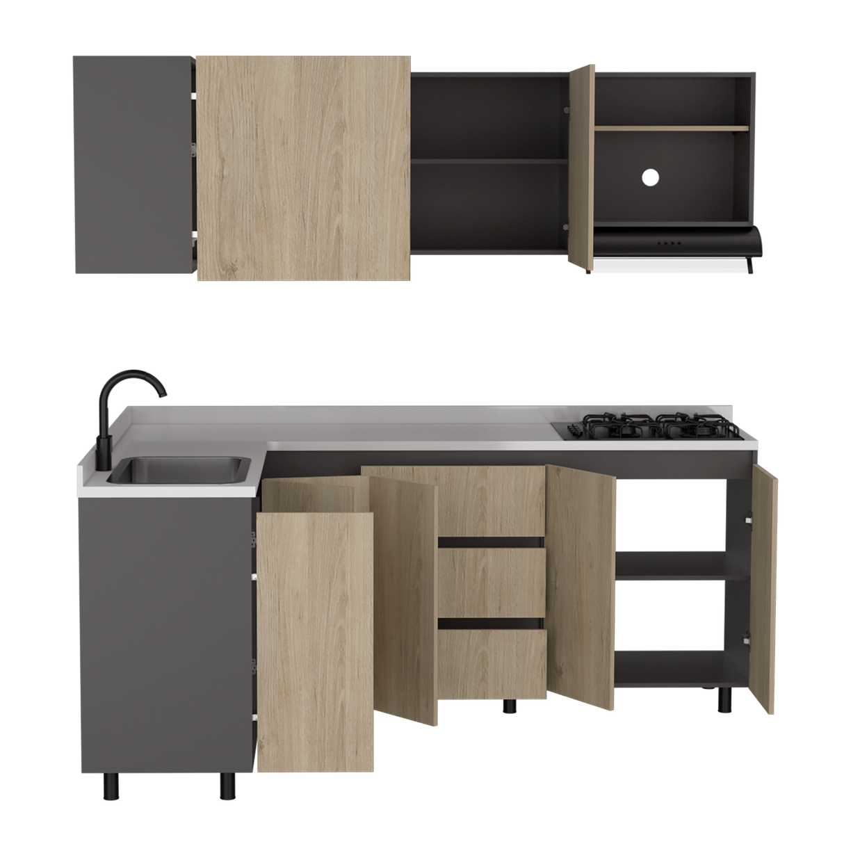 Cocina Esquinera Londres Plomo y Rovere 210.3x62cm sin Mesón y sin Estufa - COCINAS | Bylmo