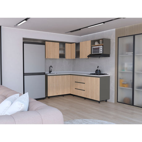 Cocina Esquinera Londres Plomo y Rovere 210.3x62cm sin Mesón y sin Estufa - COCINAS | Bylmo