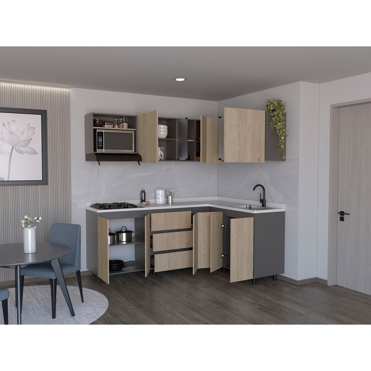 Cocina Esquinera Londres Plomo y Rovere 210.3x62cm sin Mesón y sin Estufa - COCINAS | Bylmo