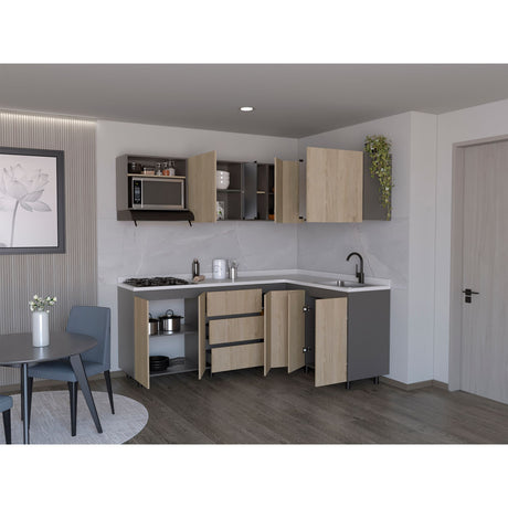 Cocina Esquinera Londres Plomo y Rovere 210.3x62cm sin Mesón y sin Estufa - COCINAS | Bylmo