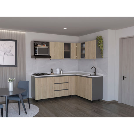 Cocina Esquinera Londres Plomo y Rovere 210.3x62cm sin Mesón y sin Estufa - COCINAS | Bylmo