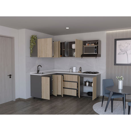 Cocina Esquinera Londres Plomo y Rovere 210.3x62cm sin Mesón y sin Estufa - COCINAS | Bylmo