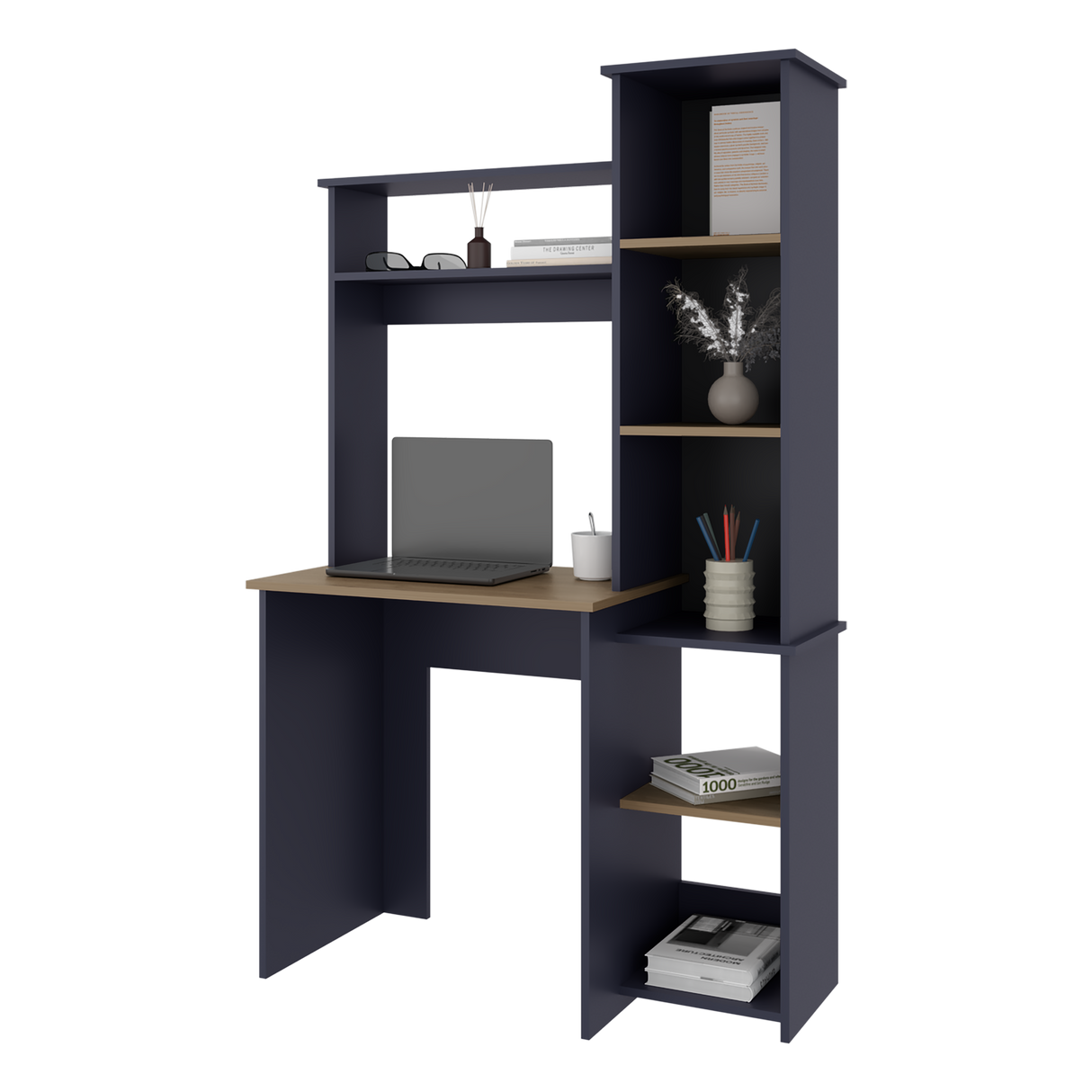 Centro de Computo Versalles Azul y Fresno 98.5x163.1cm sin Cajones y con Organizador de Libros - ESCRITORIOS | Bylmo