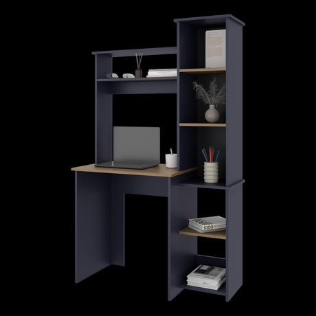 Centro de Computo Versalles Azul y Fresno 98.5x163.1cm sin Cajones y con Organizador de Libros - ESCRITORIOS | Bylmo