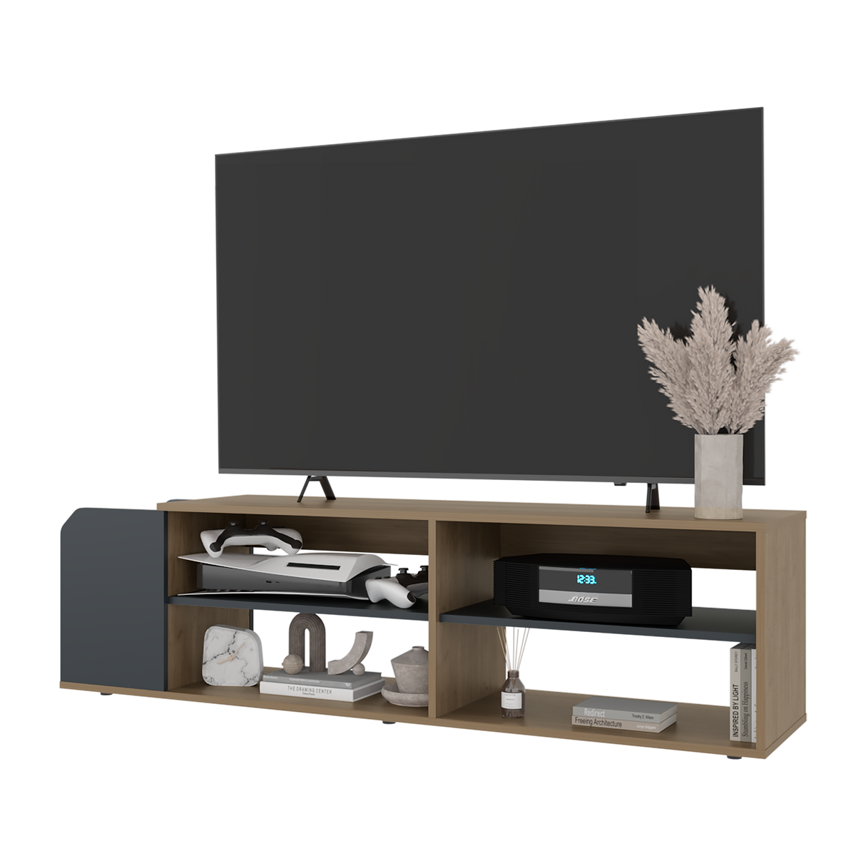 Rack de TV Solene Fresno Europeo y Azul 150x42cm para TV Hasta 60" Pulgadas Con Cuatro Compartimientos y Ranuras para Cable - MUEBLES DE TV | Bylmo