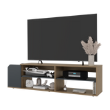 Rack de TV Solene Fresno Europeo y Azul 150x42cm para TV Hasta 60" Pulgadas Con Cuatro Compartimientos y Ranuras para Cable - MUEBLES DE TV | Bylmo