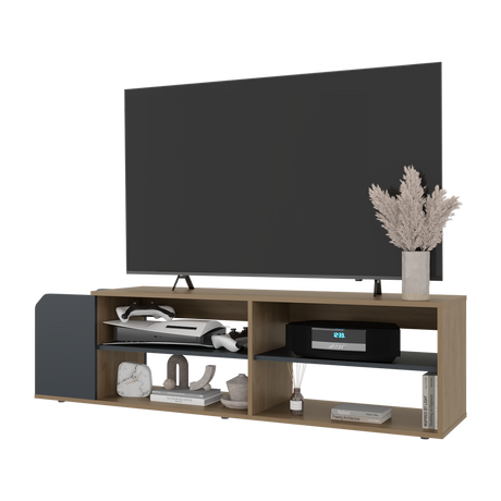 Rack de TV Solene Fresno Europeo y Azul 150x42cm para TV Hasta 60" Pulgadas Con Cuatro Compartimientos y Ranuras para Cable - MUEBLES DE TV | Bylmo