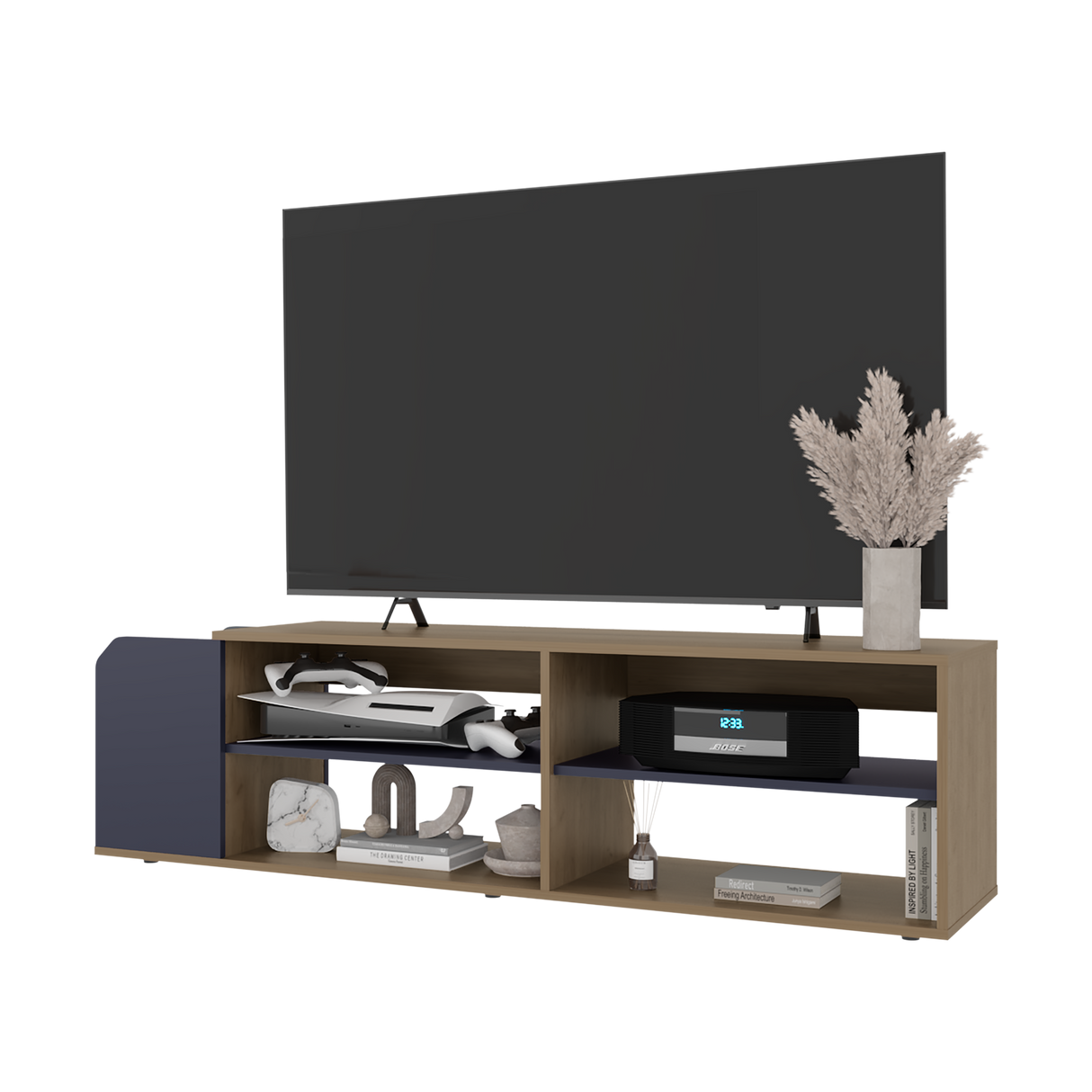 Rack de TV Solene Fresno Europeo y Azul 150x42cm para TV Hasta 60" Pulgadas Con Cuatro Compartimientos y Ranuras para Cable - MUEBLES DE TV | Bylmo