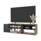 Rack de TV Solene Fresno Europeo y Azul 150x42cm para TV Hasta 60" Pulgadas Con Cuatro Compartimientos y Ranuras para Cable - MUEBLES DE TV | Bylmo