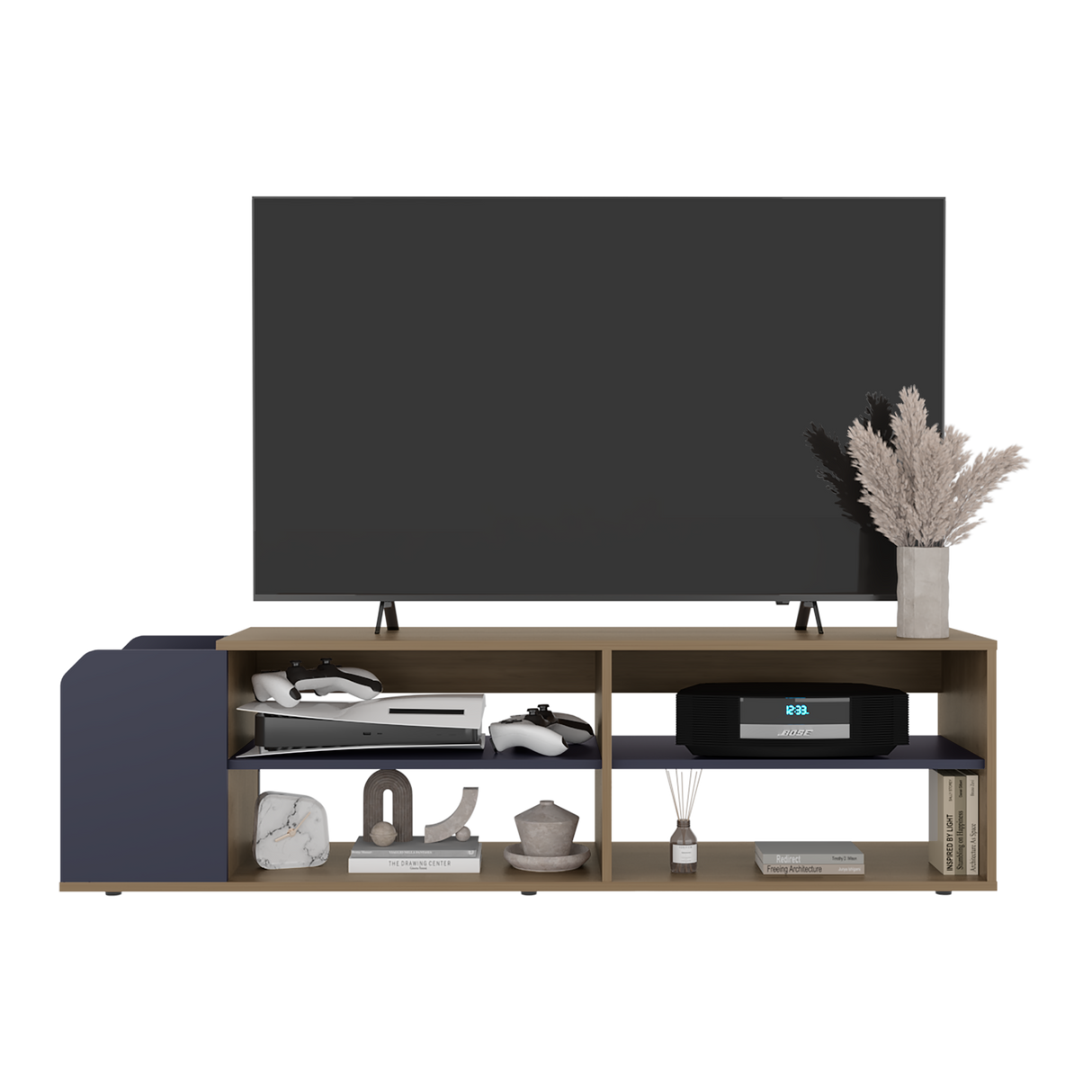 Rack de TV Solene Fresno Europeo y Azul 150x42cm para TV Hasta 60" Pulgadas Con Cuatro Compartimientos y Ranuras para Cable - MUEBLES DE TV | Bylmo