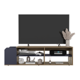 Rack de TV Solene Fresno Europeo y Azul 150x42cm para TV Hasta 60" Pulgadas Con Cuatro Compartimientos y Ranuras para Cable - MUEBLES DE TV | Bylmo