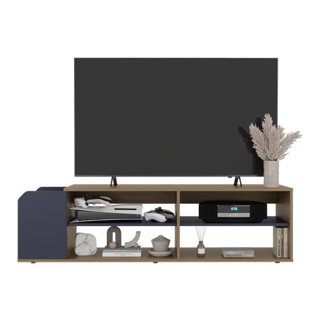 Rack de TV Solene Fresno Europeo y Azul 150x42cm para TV Hasta 60" Pulgadas Con Cuatro Compartimientos y Ranuras para Cable - MUEBLES DE TV | Bylmo