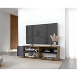 Rack de TV Solene Fresno Europeo y Azul 150x42cm para TV Hasta 60" Pulgadas Con Cuatro Compartimientos y Ranuras para Cable - MUEBLES DE TV | Bylmo