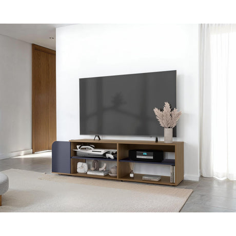 Rack de TV Solene Fresno Europeo y Azul 150x42cm para TV Hasta 60" Pulgadas Con Cuatro Compartimientos y Ranuras para Cable - MUEBLES DE TV | Bylmo