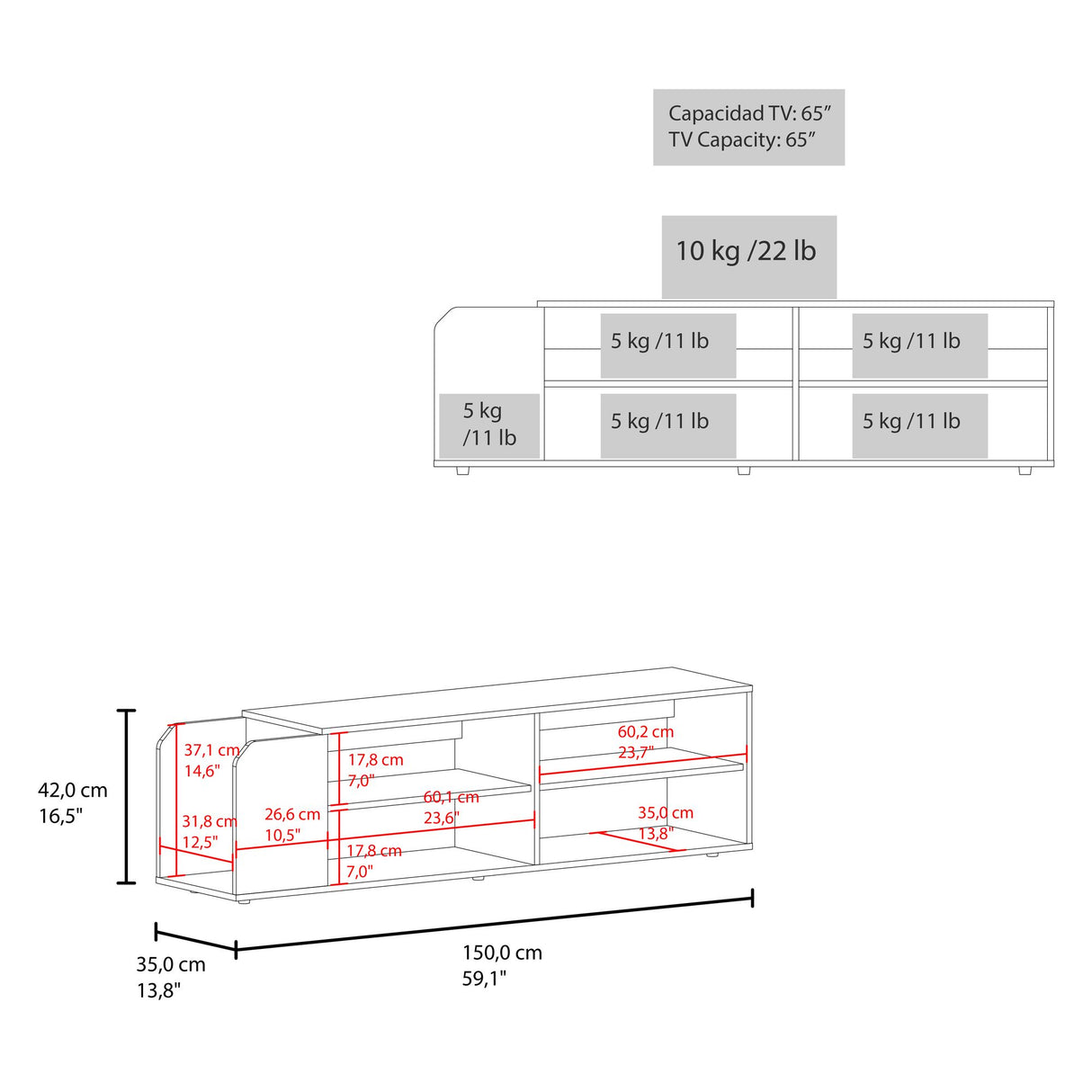 Rack de TV Solene Fresno Europeo y Azul 150x42cm para TV Hasta 60" Pulgadas Con Cuatro Compartimientos y Ranuras para Cable - MUEBLES DE TV | Bylmo