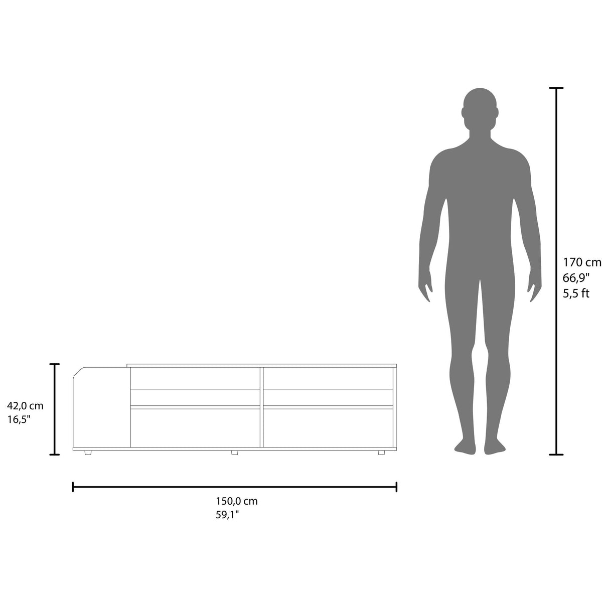 Rack de TV Solene Fresno Europeo y Azul 150x42cm para TV Hasta 60" Pulgadas Con Cuatro Compartimientos y Ranuras para Cable - MUEBLES DE TV | Bylmo