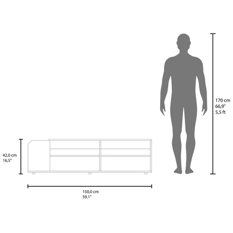 Rack de TV Solene Fresno Europeo y Azul 150x42cm para TV Hasta 60" Pulgadas Con Cuatro Compartimientos y Ranuras para Cable - MUEBLES DE TV | Bylmo