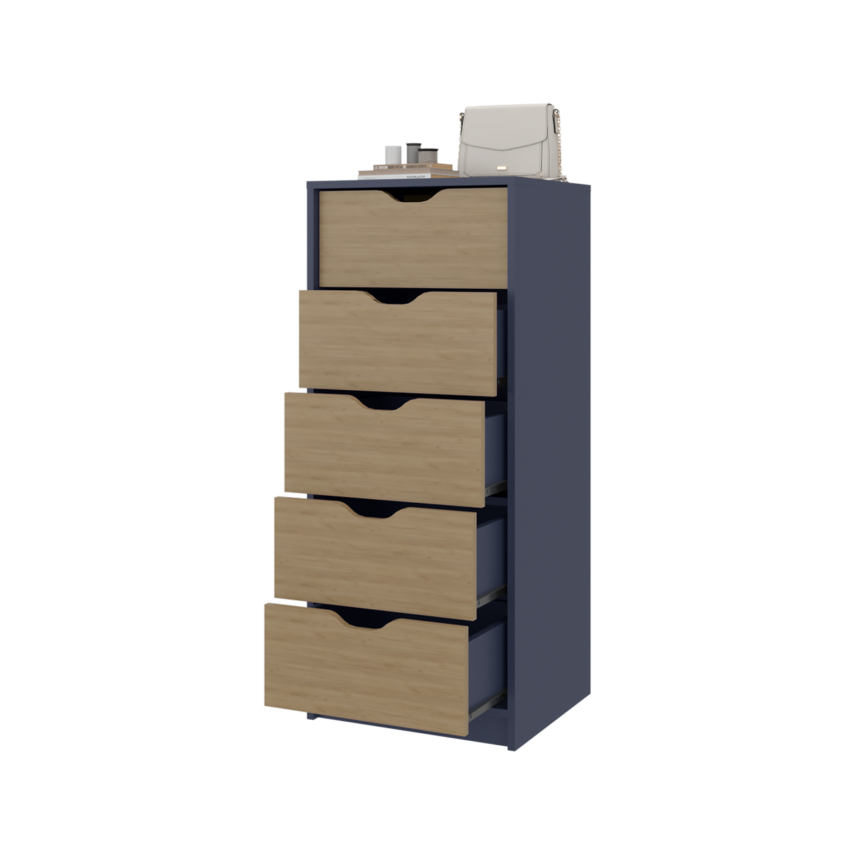Cómoda Basilea Azul y Fresno 45x107.8cm de Cinco Hileras con Cinco Cajones - CAJONERAS Y COMODAS | Bylmo