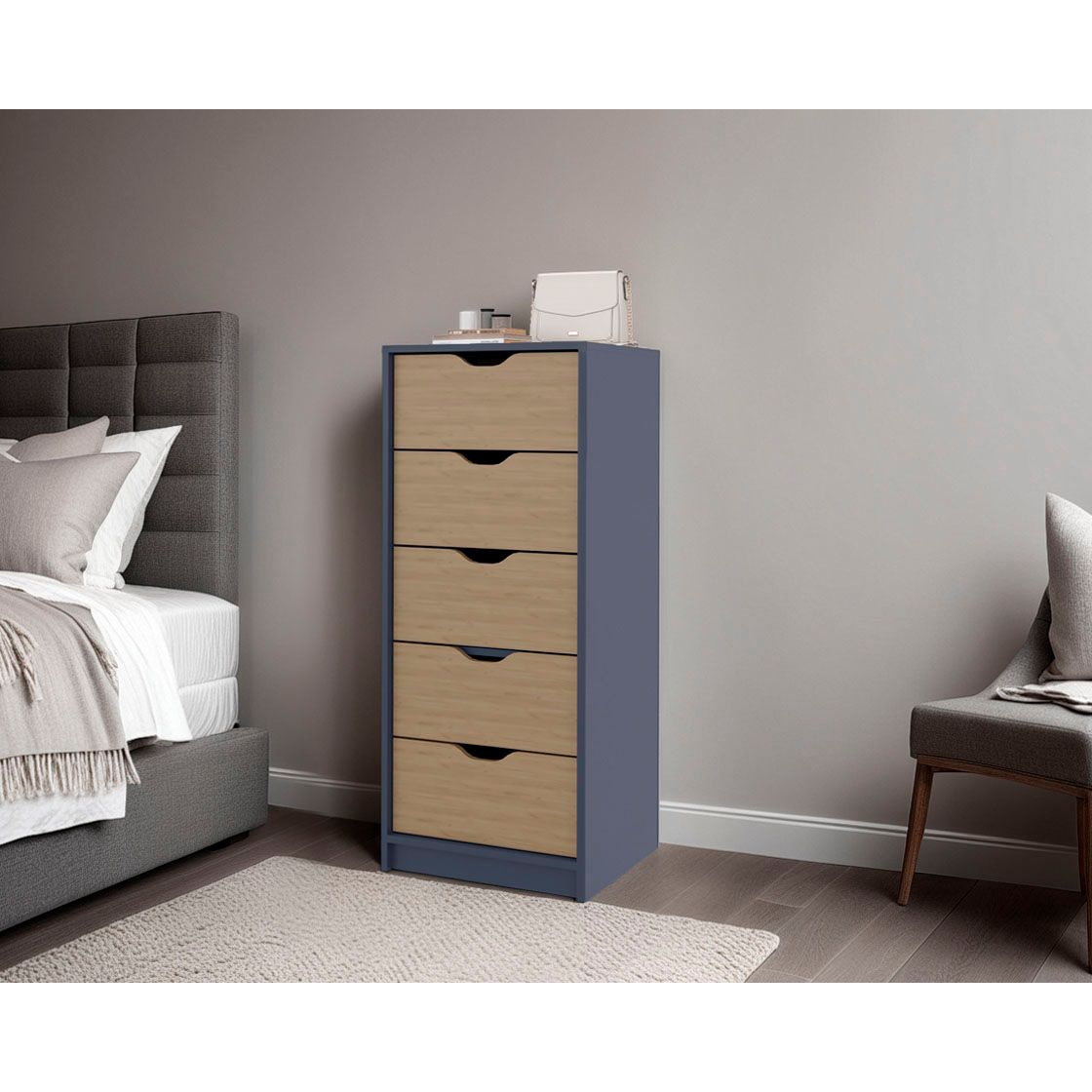 Cómoda Basilea Azul y Fresno 45x107.8cm de Cinco Hileras con Cinco Cajones - CAJONERAS Y COMODAS | Bylmo