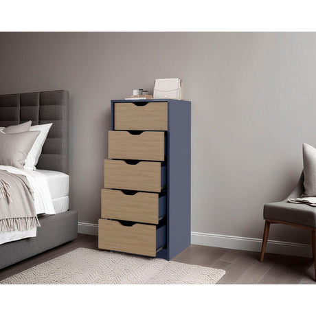 Cómoda Basilea Azul y Fresno 45x107.8cm de Cinco Hileras con Cinco Cajones - CAJONERAS Y COMODAS | Bylmo