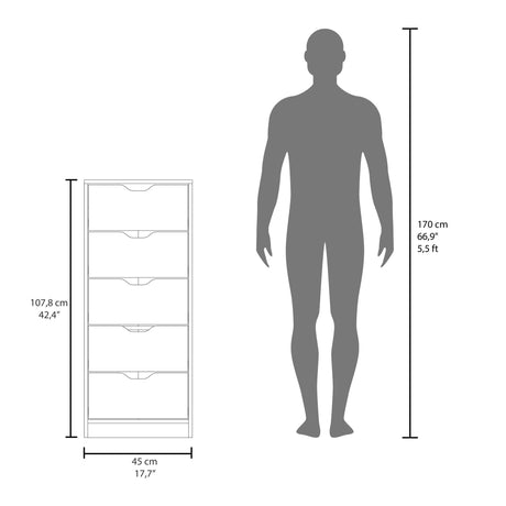 Cómoda Basilea Azul y Fresno 45x107.8cm de Cinco Hileras con Cinco Cajones - CAJONERAS Y COMODAS | Bylmo