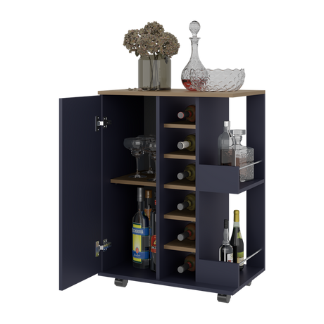Bar Carro Azul y Fresno Europeo 60x81.5cm con Seis Compartimientos y Con Seis Portabotellas - BARES | Bylmo