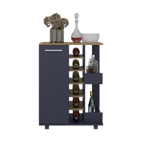 Bar Carro Azul y Fresno Europeo 60x81.5cm con Seis Compartimientos y Con Seis Portabotellas - BARES | Bylmo