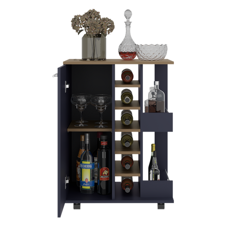Bar Carro Azul y Fresno Europeo 60x81.5cm con Seis Compartimientos y Con Seis Portabotellas - BARES | Bylmo