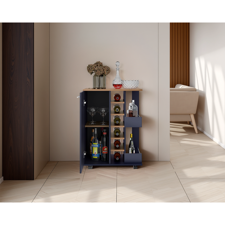 Bar Carro Azul y Fresno Europeo 60x81.5cm con Seis Compartimientos y Con Seis Portabotellas - BARES | Bylmo