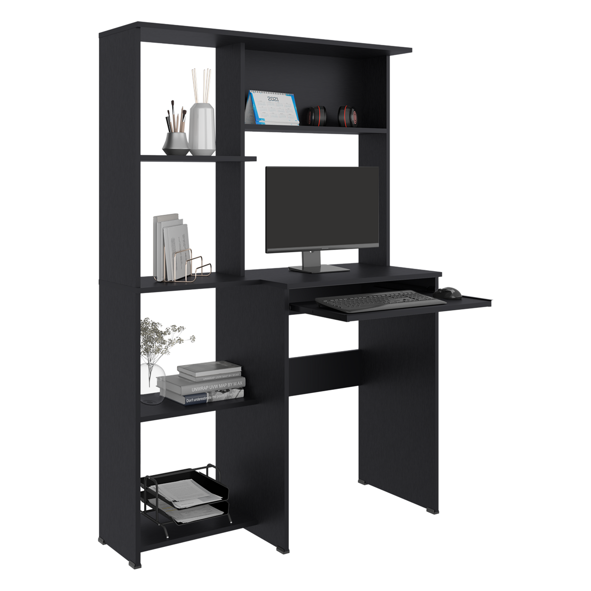 Centro de Computo Alden Eco Wengue 100x150cm con Organizador de Libros y sin Cajones - ESCRITORIOS | Bylmo