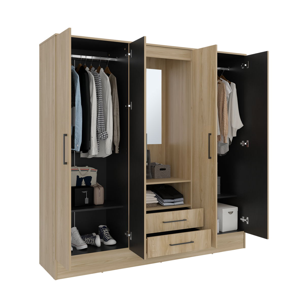 Closet Barmine Fresno Europeo y Wengue 180.2x180.6cm con Dos Cajones con Cuatro Puertas y con Espejo - CLOSETS | Bylmo