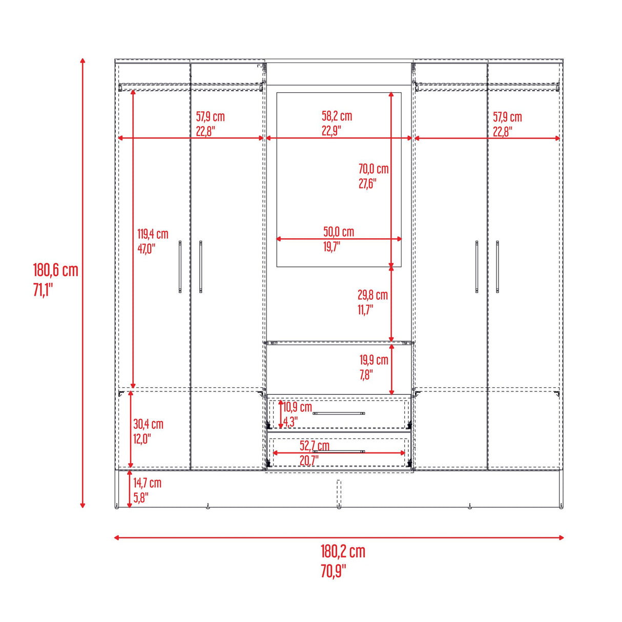 Closet Barmine Fresno Europeo y Wengue 180.2x180.6cm con Dos Cajones con Cuatro Puertas y con Espejo - CLOSETS | Bylmo