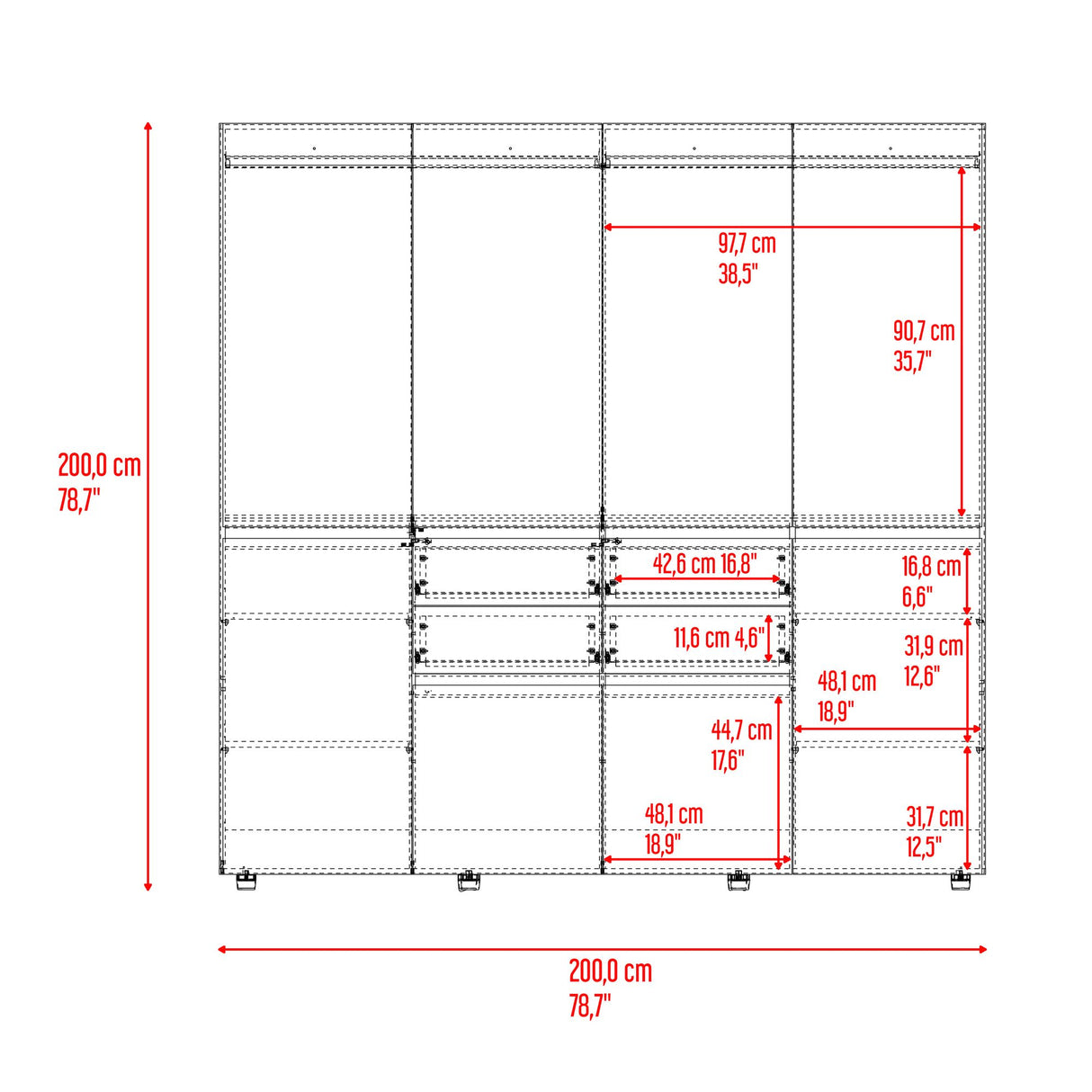 Closet Siruela Fresno Europeo y Blanco 200x200cm con Cuatreo Cajones y con Ocho Puertas - CLOSETS | Bylmo